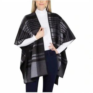 Ike Behar Women’s Reversible Sherpa Shawl Poncho Black/Gray Plaid NWOT